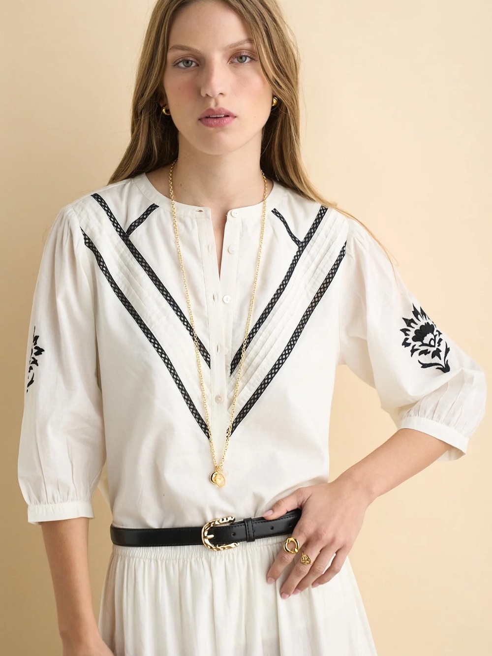SOMNER size XXL Luisa Ecru Blouse Black Embroidery Details Lined NEW $160